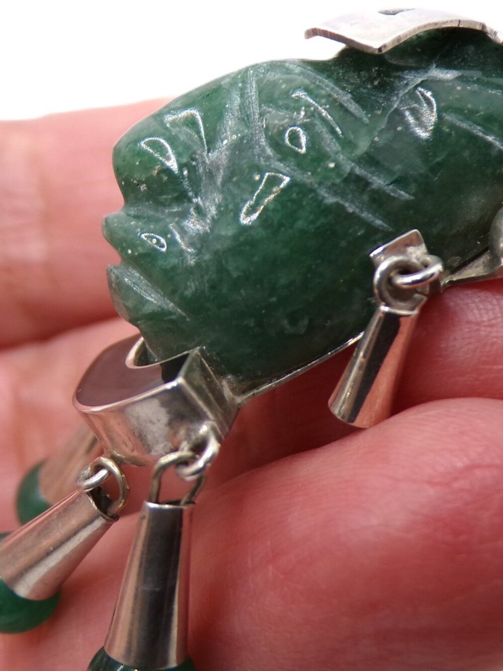 Taxco 925 Carved Aventurine Aztec Warrior Mask Pendant 100% Handmade